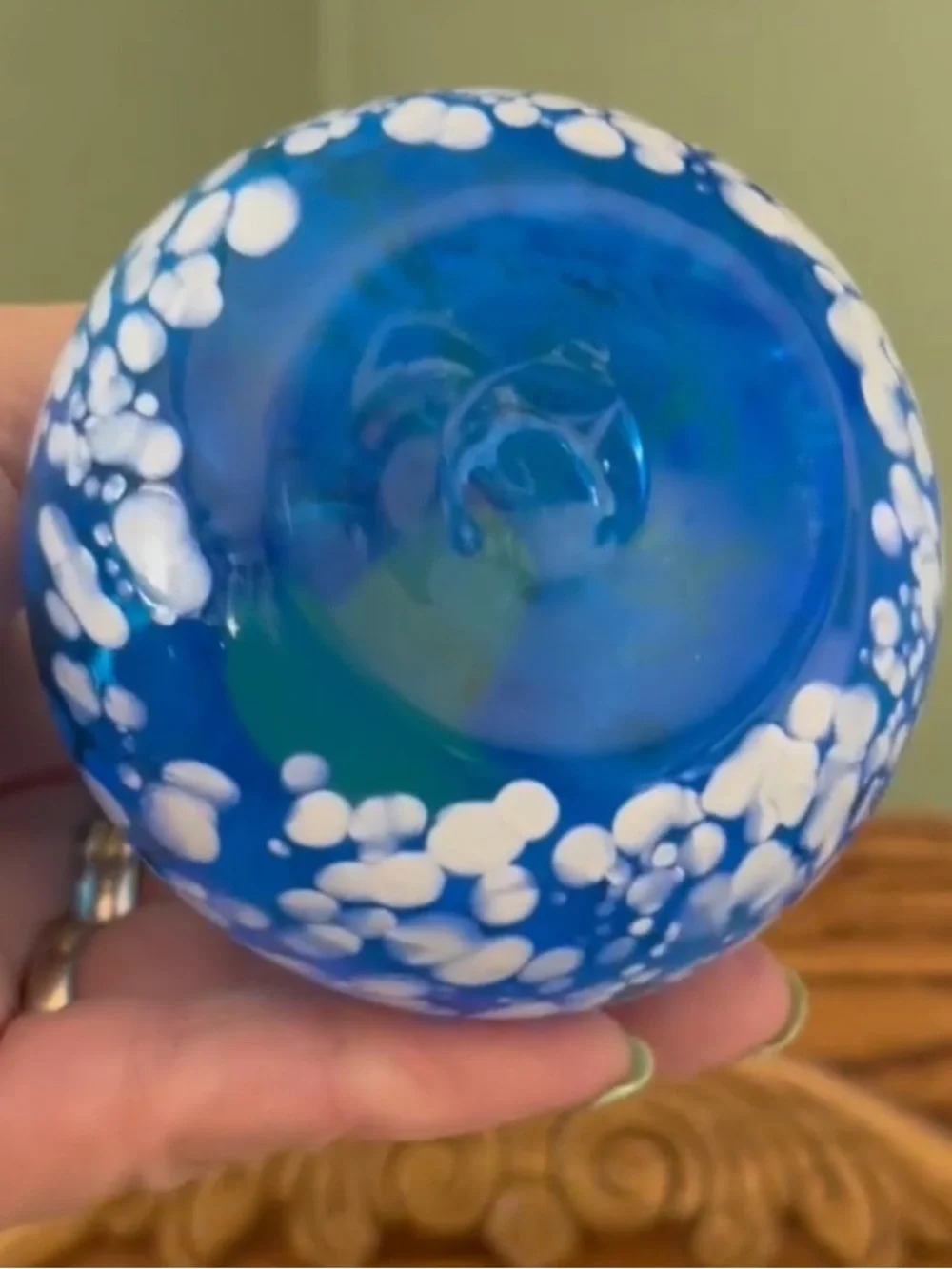 Hand-Blown Art Glass Vase, blue and white splatter design